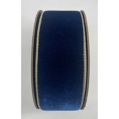 D. Stevens Fine Ribbon, Blue Velvet with Gold Trim 2.5"x10yds Christmas MSRP $72 - Image 1 of 4