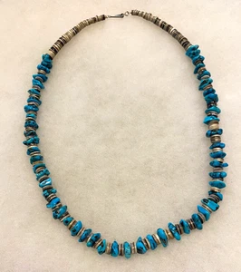 Turquoise Chunky Nugget & Heishi Necklace with Silver Plated Clasp - 24 In. Long - Picture 1 of 6