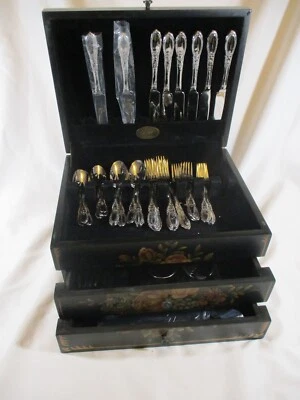 Hand Painted - 3 Drawer - Flatware Chest - w/ Towle 45 Pc - 18/10 Stainless -NEW - Image 1 of 4