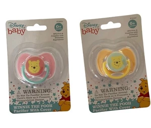 Winnie the Pooh Disney Baby Pacifiers with Covers Yellow & Pink Set of 2 Binky - Picture 1 of 5
