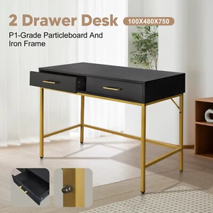 Contemporary Minimalist Office Home Desk Laptop Study Table Drawer Black & Gold - Picture 1 of 9