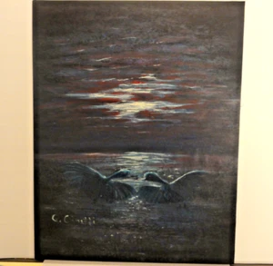 miniatura quadro surrealista olio su seta nera 23x29cm soggetto uccelli XX secol - Foto 1 di 5