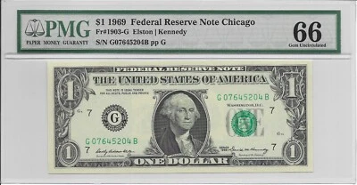 1969 $1 CHICAGO FRN. PMG GEM Uncirculated 66 EPQ Banknote. G/B Block - Image 1 of 3