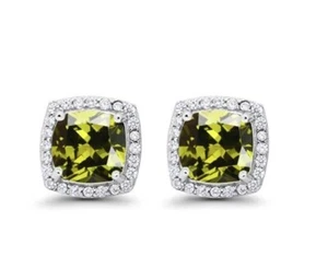14k White Gold Plated 4 Ct Created Halo Princess Cut Peridot Stud Earrings - Picture 1 of 3