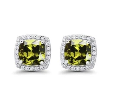 14k White Gold Plated 2 Ct Created Halo Princess Cut Peridot Stud Earrings - Image 1 of 3