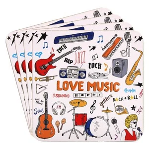 Love Music Guitar Drums Coasters - Set of 4 - Lesser & Pavey Gift NEW - Picture 1 of 1