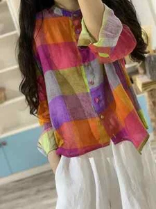 Buykud Irregular Plaid 100% Ramie Button Blouse Shirt Colorful Long Sleeve XL - Picture 1 of 24
