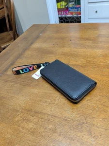 Women Black Wallet with rainbow LOVE on wrist strap zip around for cards/change - Picture 1 of 5