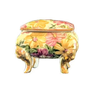 Vintage Miniature Chintz Footed Trinket Box Floral Pink Yellow Flowers Gold Feet - Picture 1 of 13