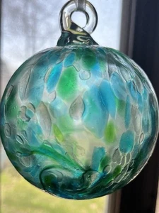heavy Handblown Art Glass Orb Ornament Confetti Green Blue Clear - Picture 1 of 6