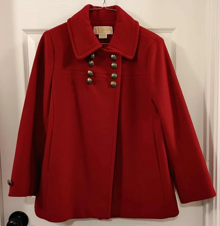 Women's Michael Kors Red Wool Blend Classic Capelet Swing Pea Coat Sz.10 Refined - Image 1 of 4