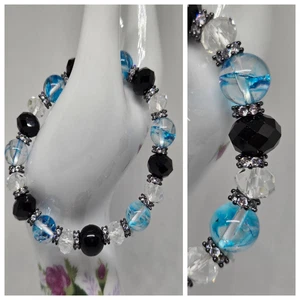 🖤Pulsera rondel de cristal negro vintage pluma Fénix azul Shadowflight" - Imagen 1 de 8