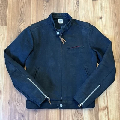 铁心黑色盔甲 21 盎司牛仔单骑手机车夹克尺寸 38 日本 — 第 1/4 张图片