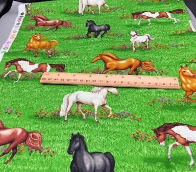 ROBERT KAUFMAN PONLY CLUB BRIGHT COLORS HORSES COWS COWBOY Cotton Fabric 8/10 YD - Image 1 of 2