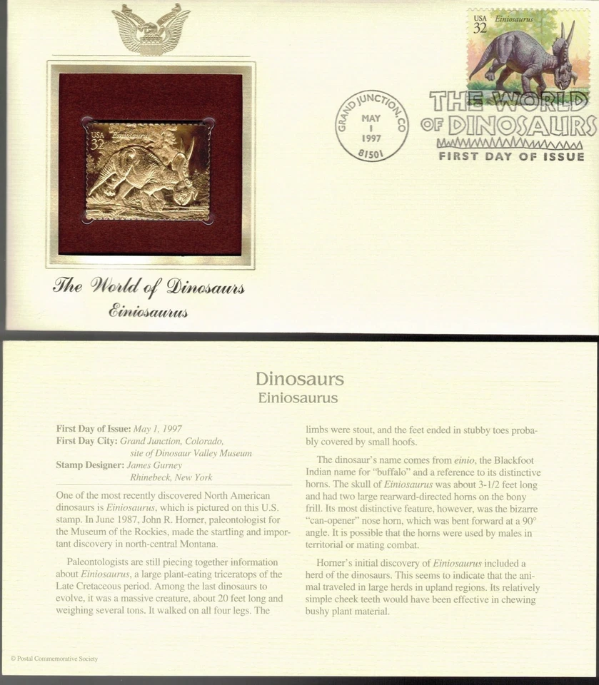 The World of Dinosaurs--Einiosaurus--1st day issue-Golden Replica - Image 1 of 1