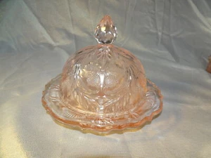 Vintage Mosser Embossed Thistle Pink Glass Round Domed Butter Or Cheese Dish - Picture 1 of 4