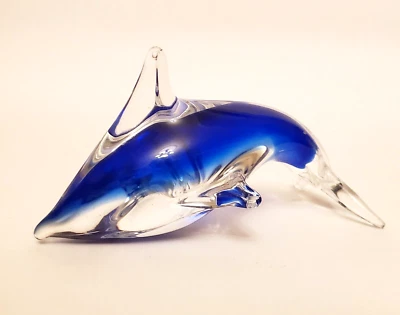Beautiful Cobalt Blue and Clear Dolphin Art Glass Paperweight Porpoise 4" - Image 1 of 4