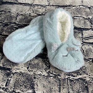 Dream On Women's S/M 5-7 Unicorn Faux Fur Slipper Socks Grip Blue
