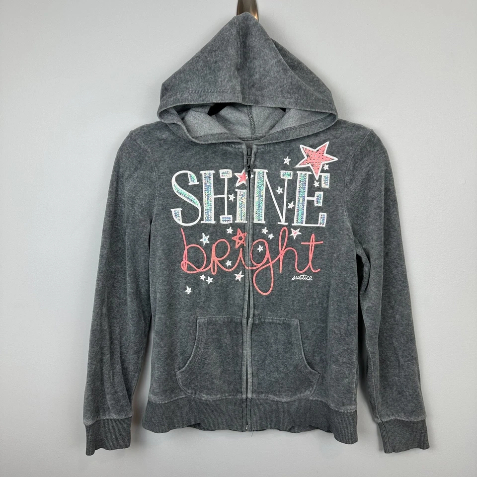 Justice Hoodie Jacket Girls 14 Zip Up Shine Bright Hood Sequin Star Gray Blue DF - Image 1 of 4