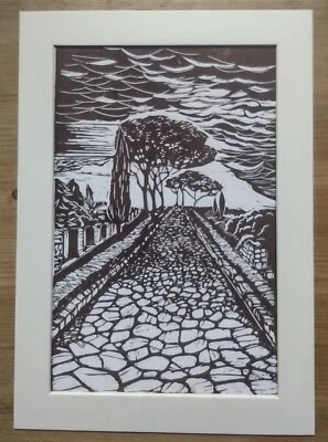 Hand Printed Linocut Art Print Roman Road Ruins Cyprus Appian Way Rome Italy - Image 1 of 4