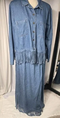 Vintage CMC Color Me Cotton Denim Fringe Chambray Jacket Skirt Set Size Large  - Image 1 of 4