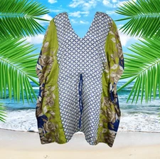 Womens Silk Sari Caftan Dress, Midi Kaftan Dresses, Blue White Floral Print M-XL