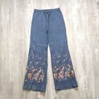 Vintage 1970s Peacock Embroidered Denim Flare Bell Bottoms Hippy Women's Jeans 