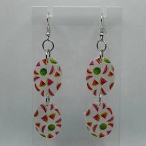 Watermelon Lozenge Fruit Earrings Kitsch Hook, Glitter 7.5 cm long - Picture 1 of 19