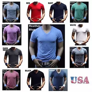 T-shirt uomo slim collo a V moda muscolo semplice solido casual attiva palestra S-2X - Foto 1 di 19