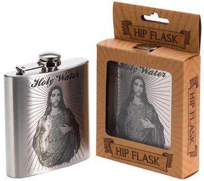 JESUS HOLY WATER Stainless Steel Hip Flask 6oz - Drinking Gag Novelty Joke Gift - Image 1 of 4