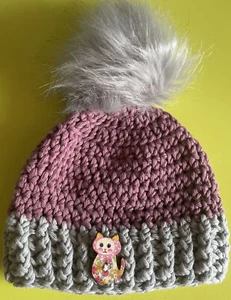 HAND KNIT BABY HAT/ 3 Month + / Pink And Grey With Pompom And Cat Button - Picture 1 of 3