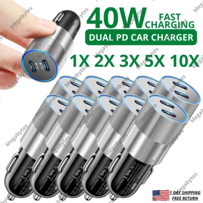 Dual Type C Fast 40W Car Charger Adapter Plug For iPhone 14 13 12 11 Pro Max Lot - Image 1 of 4