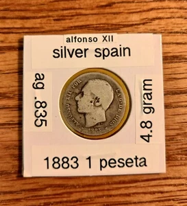 1883 Spain 1 Peseta  Silver  .835 4.8 gram alfonse Xll - Picture 1 of 4