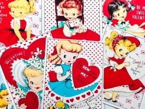 Set of 9 Retro Vintage Valentine's Day Little Girls STICKERS - Just Cut & Use! - Picture 1 of 2