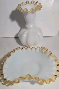 (2) Vintage Fenton Gold Crest Ruffled Candy Dish & Milk Glass Melon Vase Set - - Picture 1 of 12