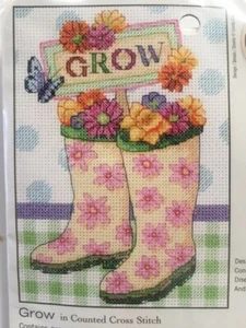 Dimensions Counted Cross Stitch "Grow" garden Boots 5" x 7" Floral - Picture 1 of 3