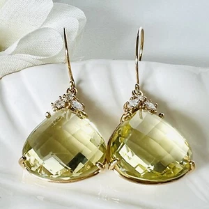 Solid 14k Yellow Gold Genuine Lemon Citrine (27ct) & Diamond Dangle Earrings - Picture 1 of 11