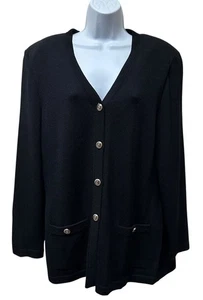 ST JOHN Basics Sweater Jacket Black Gold Buttons Classic Santana Knit Size 14 - Picture 1 of 7