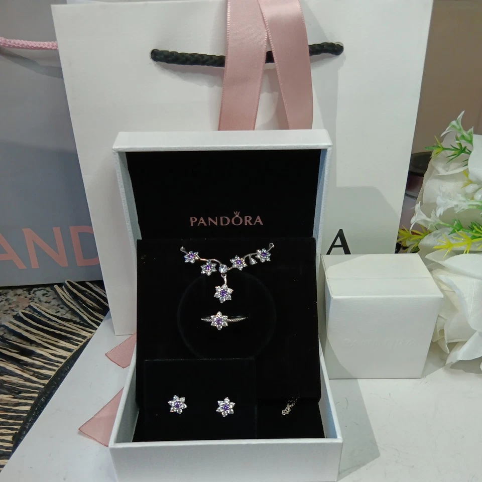 PANDORA Forget Me Not Purple and Clear CZ Flowers silver necklace ring &earrings - Image 1 of 4