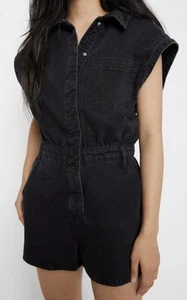 Zara großer schwarzer ärmelloser Denim-Overall mit Druckknöpfen Kragen Taschen kurz - Bild 1 von 5