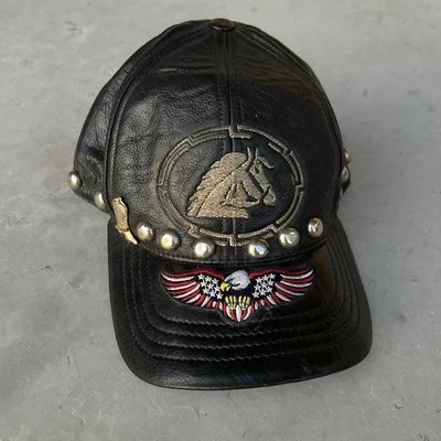 Vintage Leather Metal Studded Western Horse Spread Eagle Biker Hat - Image 1 of 4