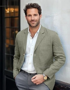 Men Linen Blend Blazer Jacket Business Casual Button Slim Fit Suit Coat Tops - Picture 1 of 18