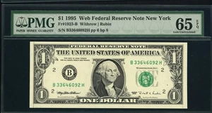 1995 "WEB" Federal Reserve Note. New York PMG Gem Unc 65 EPQ - Picture 1 of 2