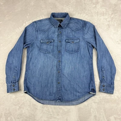 Camisa American Eagle Hombre L Azul Denim Perla A Presión Manga Larga Calce Vintage Occidental Foto 1 de 4