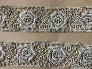 9 1/4 YDS SCHWER SILBER METALLIC FLORAL VENISE SPITZENEINSATZ - Bild 1 von 4