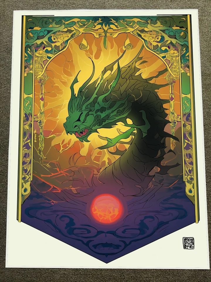 Mystical Green Dragon Sunset Art Poster 18x24in - Image 1 of 1