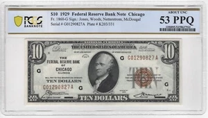 1929 $10 Federal Reserve Banknote Chicago Fr#1860-G AU 53 PPQ - Picture 1 of 2