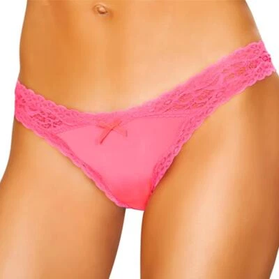 Hot Pink Lace Thong Panty Scalloped Trim Satin Bow Panties Underwear LI208 S/M - Image 1 of 3