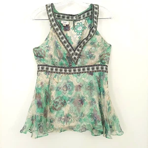 ECI ärmellose Bluse Größe 10 grün bunt Seide Tanktop Blumenmuster V-Ausschnitt - Bild 1 von 11