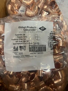 Copper Pipe Fittings 90 Degree Elbow 1/2" Inch - Lot of 50, Multiple Available - Picture 1 of 2